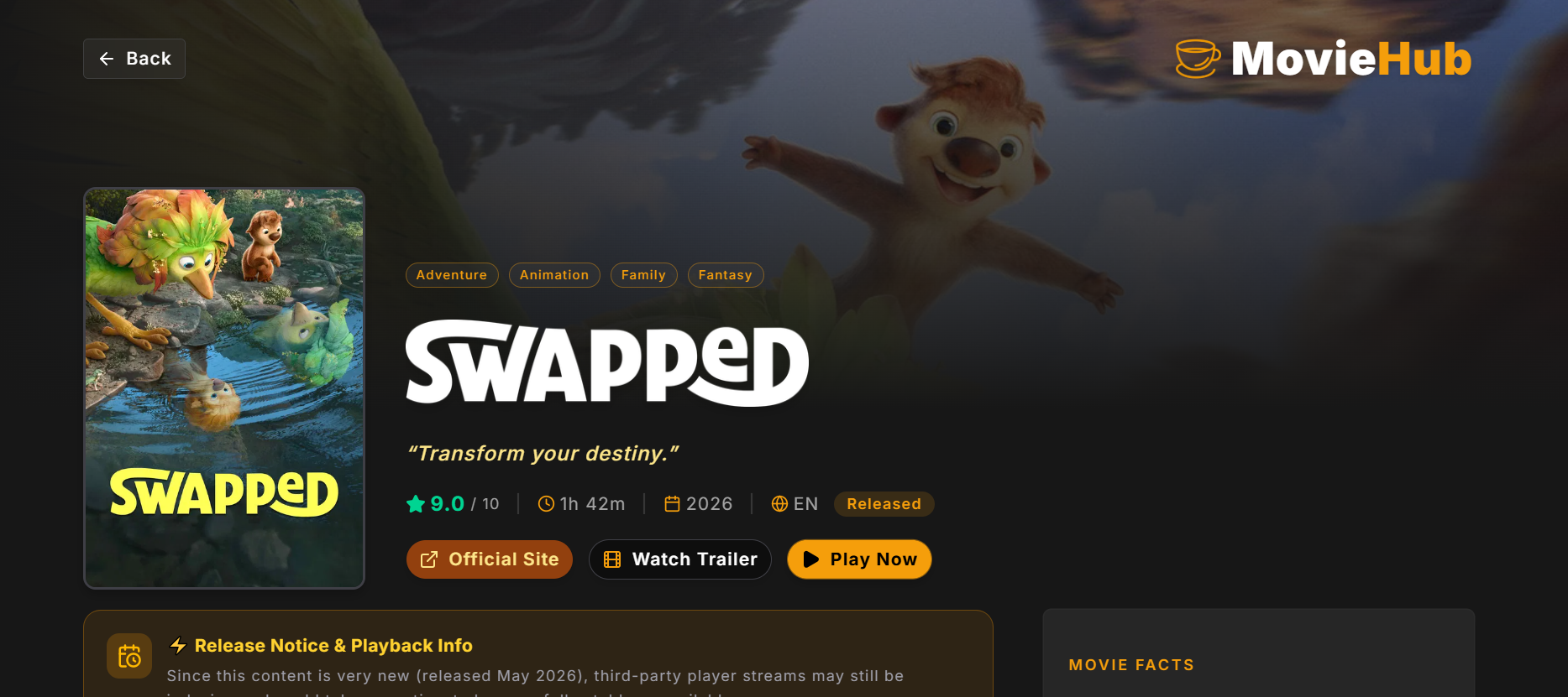 MovieHub detail page - Full cast, reviews, trailers, and more